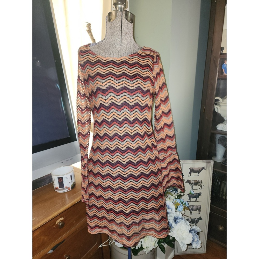 Tacera Zig Zag Lined Knit Dress Bell Sleeve S, 70's Boho Rave  Brown Green Fall